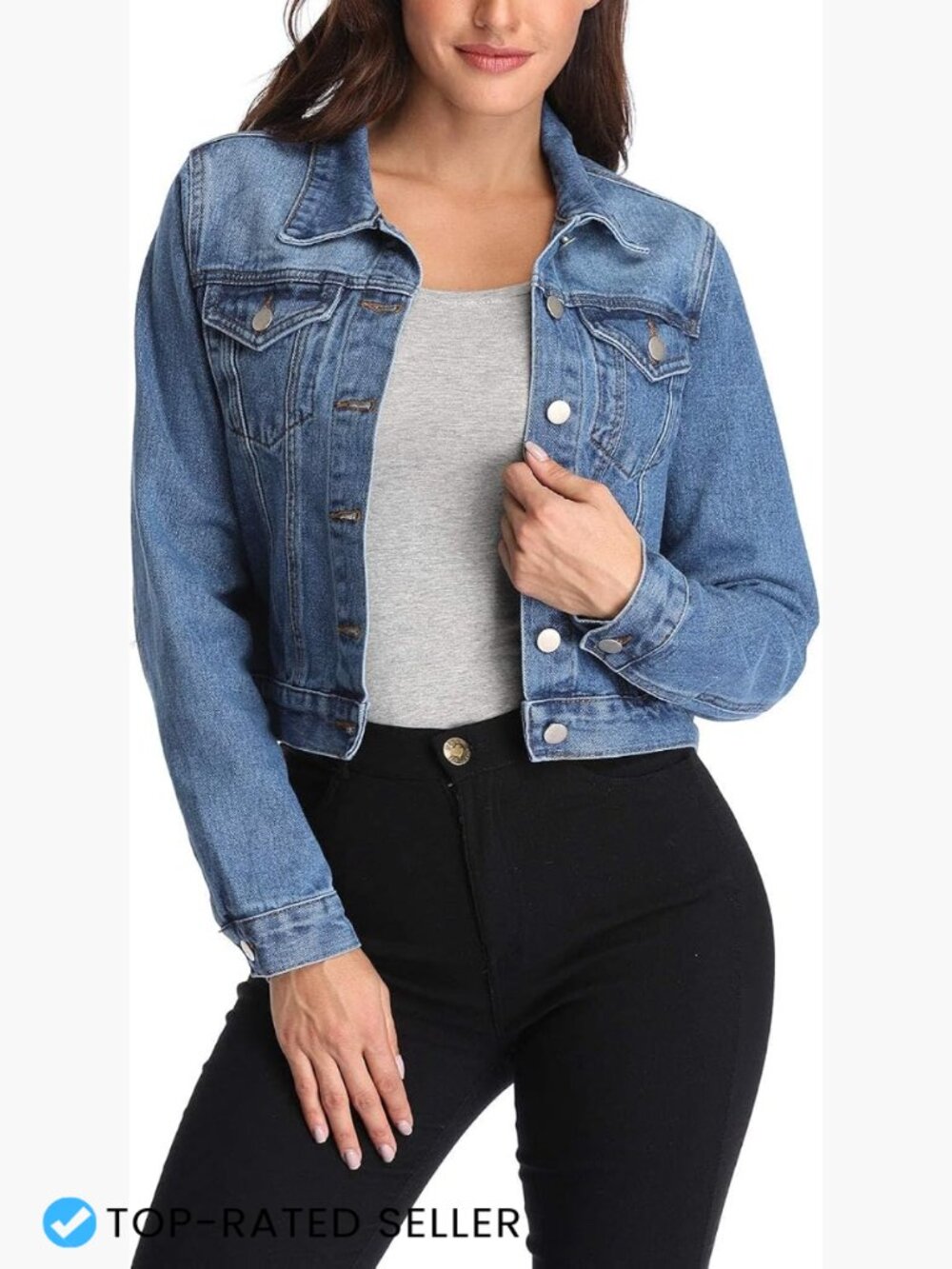 Cropped Denim Jacket Classic Cotton Jean Shacket Buttons Pockets Vintage